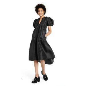 Kika Vargas Womens XS Dress Black Ruffle Tiered Puff Sleeve V-Neck Midi Hi Lo